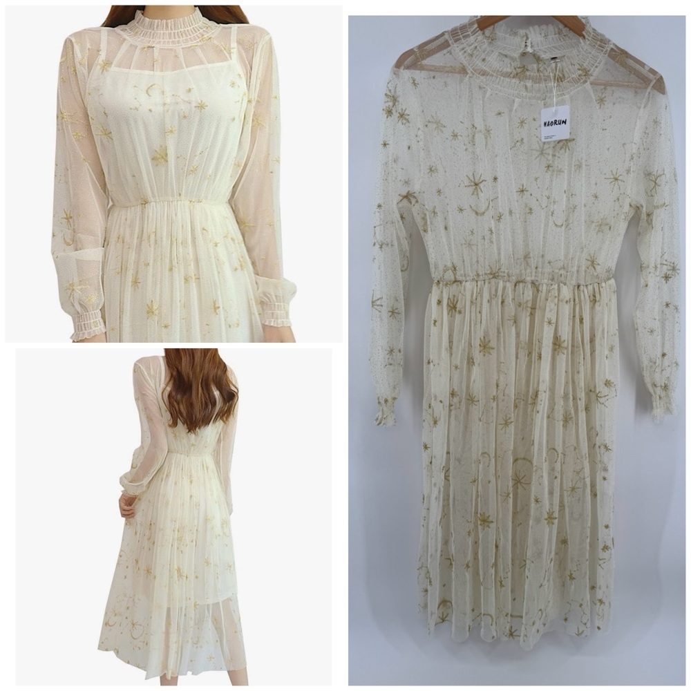 YOUMU Women Summer Chiffon Dress Stars Moon Print Embroidered Fairy Sz L NWT